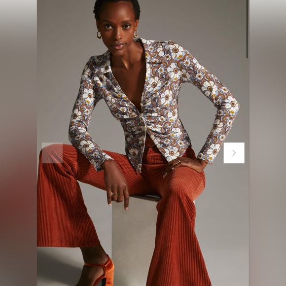 Anthropologie Tops - Maeve by Anthropologie Blue Motif Ruched Long Sleeve Shirt Size Medium